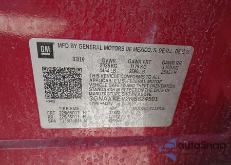 2019 Chevrolet Equinox из США, поврежденный, VIN 3GNASKEVEKS624501